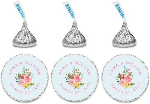 Vista 14 de Andaz Press Etiquetas personalizadas de gota de chocolate para boda, nombres y fecha redondos, turquesa aguamarina, paquete de 240, personalizadas