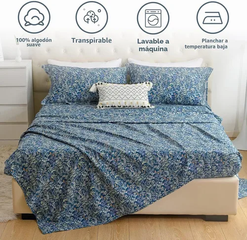 Vista 3 de QSH 100% Sábanas de algodón para cama tamaño Queen - Estampado floral azul de plantas patrón botánico lujoso de algodón estampado floral ropa