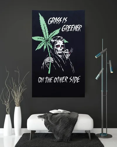 Vista 5 de Reefer Reaper - Tapiz vintage de marihuana de 3 x 5 pies, diseño retro de los años 90, diseño de esqueleto, grunge, hierba, hombre, cueva, stoner