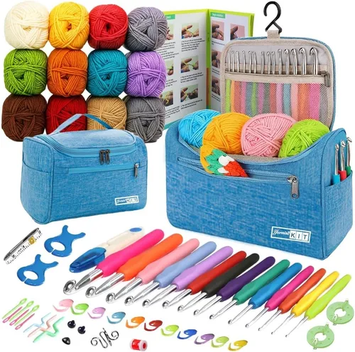Vista 10 de Juegos de ganchillo Yarniss con hilo, 1120 yardas de carretes de hilo de ganchillo suave, 10 tamaños de ganchos de ganchillo ergonómicos con bolsa