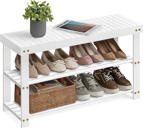 Vista 2 de SONGMICS Banco Estante para Zapatos, Organizador de Almacenamiento de Zapatos de Bambú de 3 Niveles, Banco de Entrada, Soporta Hasta 286 lb, 11.3 x