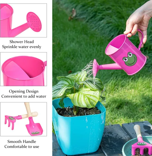 Vista 5 de Sungmor Juego de regaderas pequeñas para jardinero El paquete incluye 3 regaderas de rana rosa roja y paleta y rastrillo herramientas de mano