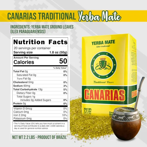 Vista 2 de Canarias Yerba Mate - Té tradicional de yerba mate uruguaya de 2.2 libras, hoja molida sin tallos (Sin Palo), sabor fuerte y con cuerpo