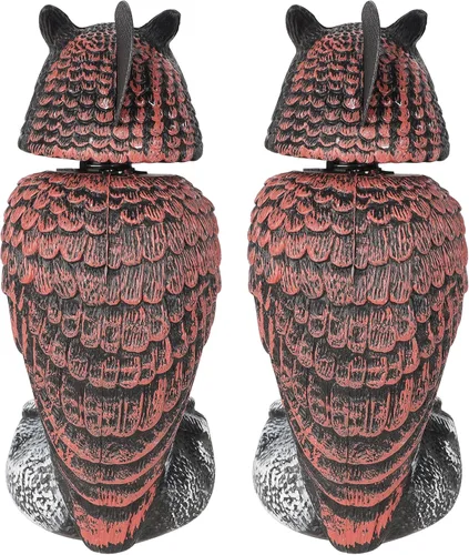 Vista 8 de Hausse Paquete de 2 señuelos falsos de búho para asustar a los pájaros, cabeza giratoria de plástico, búho disuasorio de pájaros, 10.6 pulgadas