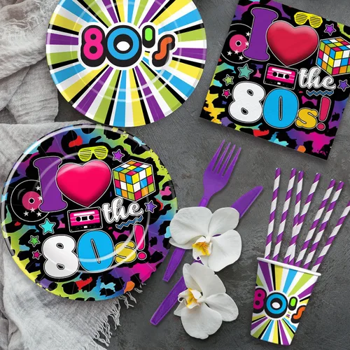 Vista 4 de Vajilla de decoración de fiesta de los años 80 – Los suministros para fiestas temáticas de los 80 incluyen platos de papel, vasos, servilletas