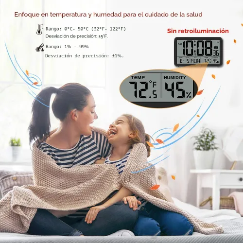 Vista 3 de WallarGe Reloj de pared digital de ajuste automático, funciona con pilas, relojes de escritorio con temperatura, humedad y fecha, reloj despertador