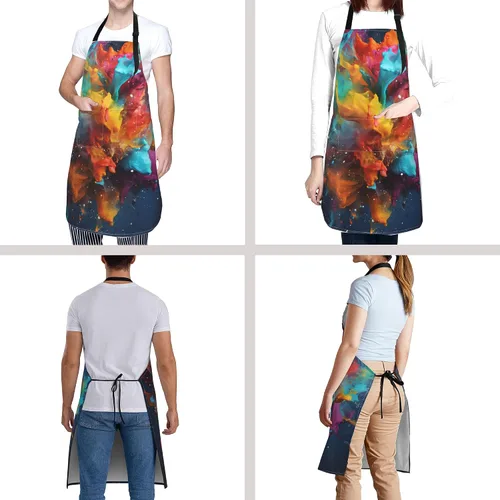 Vista 6 de Delantal colorido de poliéster Grooming Delantales con bolsillo para barbacoa Cocina Pintura Adultos