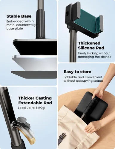 Vista 5 de Viozon Soporte de Piso para Tablet con Brazo Largo Flexible y Soporte para Teléfono, Ajustable en Ángulo 360°, Aleación de Aluminio, para Cama