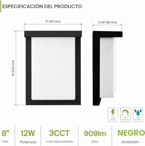 Vista 2 de ASD Lámpara LED de pared para exteriores de 8", aplique de casa para puerta delantera 3CCT, regulable, impermeable, certificada por ETL 12W