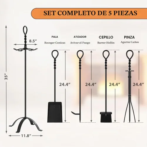 Vista 2 de Gtongoko 35”Tall Fireplace Tools Set with Stand 5-Piece Solid Wrought Iron Fireplace Tool with Poker, Tongs, Shovel & Brush for Indoor Fireplace