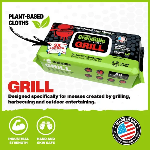Vista 2 de Crocodile Cloth Grill - 80 toallitas de limpieza a base de plantas (15 x 10 pulgadas). Seguras en la piel y en múltiples superficies. Infundidas