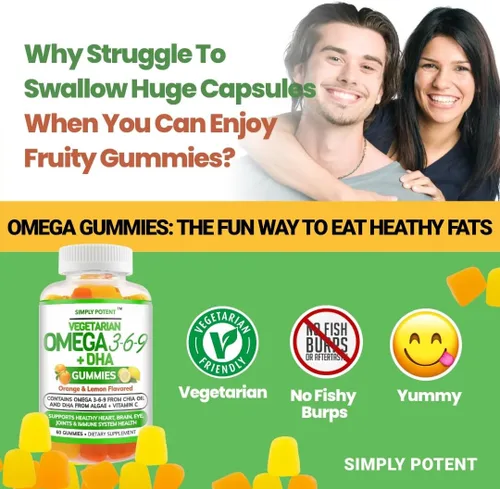 Vista 6 de Simply Potent Omega 3 - Gomitas de aceite de pescado sin pescado sin krill, suplemento vegetariano sin erupciones para hombres, mujeres y niños