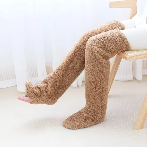 Vista 5 de Hdnaihpp Calcetines de piernas de peluche, calcetines largos mullidos por encima de la rodilla, pantuflas de felpa, calentadores de piernas