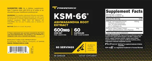 Vista 5 de Primaforce KSM-66 Extracto de raíz de Ashwagandha (600 mg) 60 cápsulas vegetarianas - 5% Withanólidos con BioPerine