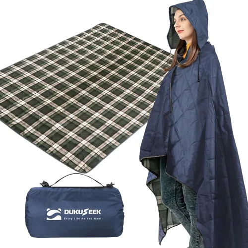 Vista 30 de DUKUSEEK Manta con capucha para exteriores, manta de camping impermeable, acolchada, forro polar grueso, cálida, resistente al viento, a prueba