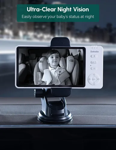 Vista 5 de Babelio - Cámara inalámbrica de coche para bebé con visión nocturna HD de 5 pulgadas, monitor de asiento trasero orientado hacia atrás alimentado