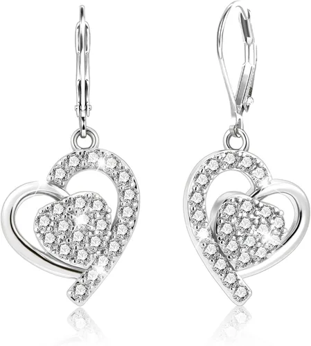 Vista 6 de Aretes colgantes de corazón de plata para mujer, aretes dorados con cierre