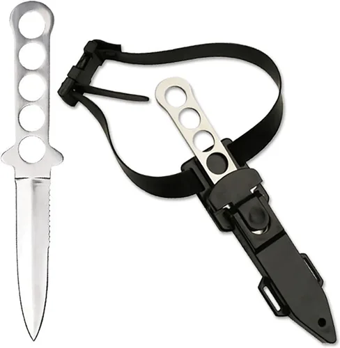 Vista 2 de MASTER USA Cuchillo de buceo, 9 pulgadas en total, hoja de pulido de espejo de 4.25 pulgadas, correa de pierna de mango de acero inoxidable (negro)