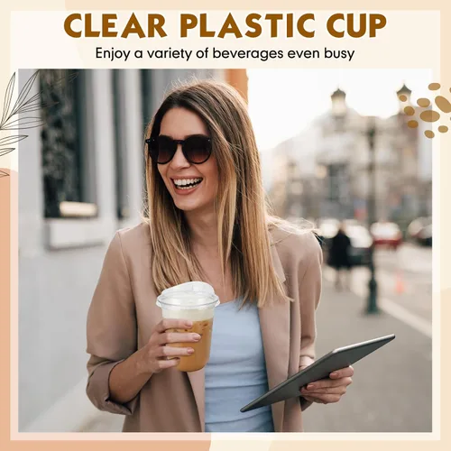 Vista 6 de Paquete de 25 vasos de plástico transparente de 16 onzas con tapas para sorber sin pajilla, desechables para café helado para mascotas, taza