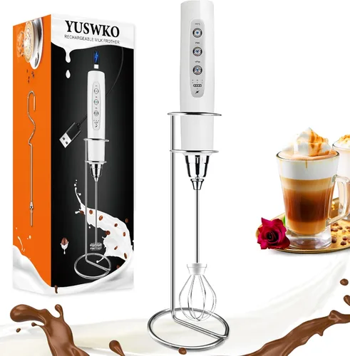 Vista 18 de YUSWKO Baby Blue - Varita espumadora de leche de mano para café, batidor eléctrico recargable con 3 cabezales, 3 velocidades, mezclador de bebidas