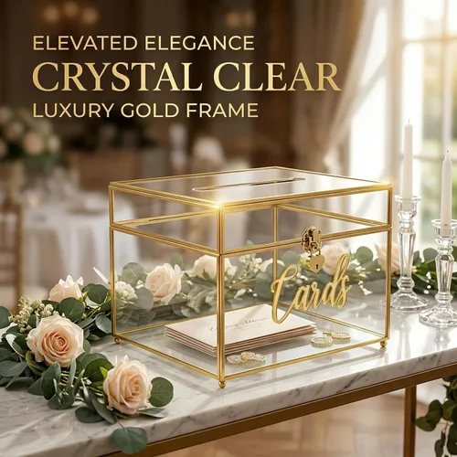 Vista 4 de Caja de tarjetas de boda con cierre de corazón, caja de tarjetas de vidrio de metal grande con marco dorado para recepción de fiestas, bodas, baby