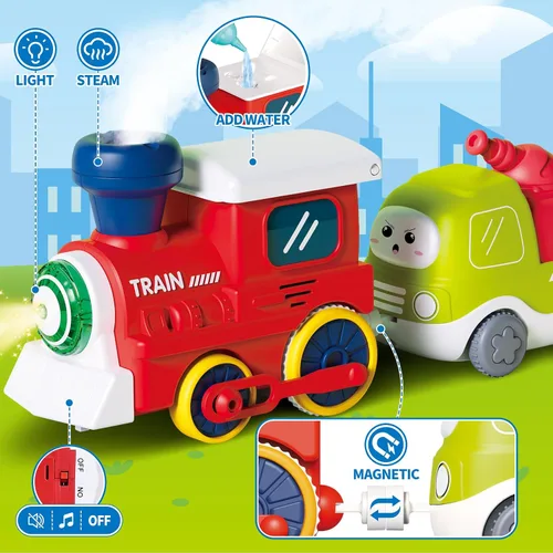 Vista 5 de Juego de Tren para Niños Pequeños con Vapor, Sonido y Luces, Juguetes para Niños de 2 a 4 años, Juego de Tren Eléctrico con Pistas y Señales