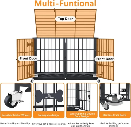 Vista 4 de aboxoo Jaula de metal resistente para perros de 42/48 pulgadas para 2 perros/perros grandes, toda de metal con parte superior abierta apilable, Negro