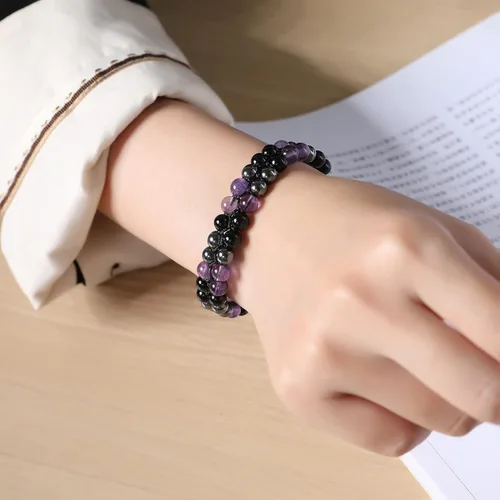 Vista 4 de Paquete de 2 pulseras de triple protección, obsidiana negra y hematita genuina de ojo de tigre y cuentas de hematita para hombres y mujeres, hechas