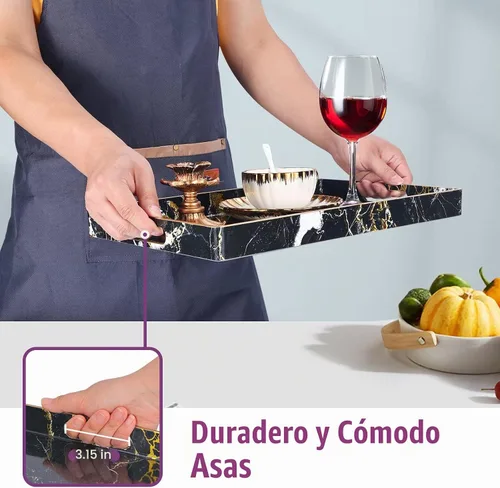 Vista 3 de Gifturbo - Bandeja de servir negra, bandejas de servir decorativas de mármol con asas, bandejas rectangulares de plástico para mesa de café otomanas
