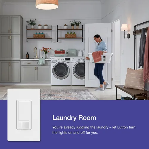 Vista 3 de Lutron Maestro Interruptor de luz con sensor de movimiento y placa de pared para baño, garaje, lavandería, cualquier bombilla, sensor de ocupación