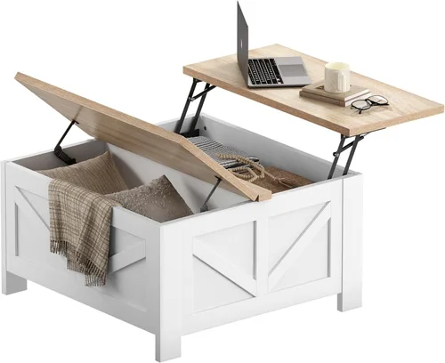 Vista 10 de Yaheetech - Mesa de centro con superficie superior abatible con almacenamiento, mesa de café cuadrada para sala de estar, mesas centrales de 31.5