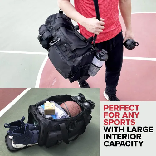 Vista 4 de Fitdom Bolsa de lona táctica negra de 20 pulgadas y 32 L con compartimento para zapatos. La mejor bolsa de entrenamiento para hombres y mujeres. La