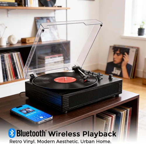 Vista 5 de Tocadiscos de vinilo vintage con altavoces integrados, tocadiscos de 3 velocidades por correa, reproducción Bluetooth, grabación USB/TF, parada