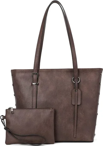 Vista 10 de KL928 Bolso de mano para mujer, bolso de mano de piel sintética, bolso de hombro grande, asa superior, monederos, juego de 2 piezas