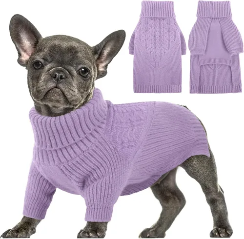 Vista 13 de Queenmore Suéter de invierno para cachorros – Suéter cálido de invierno para perros medianos y medianos, manga larga, cuello alto, azul, XS