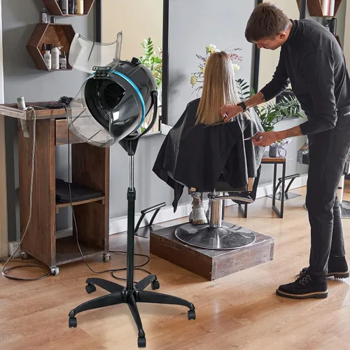 Vista 2 de Secador de pelo profesional de 1300W ajustable con capucha, de pie, base giratoria, con ruedas, para salón. Negro