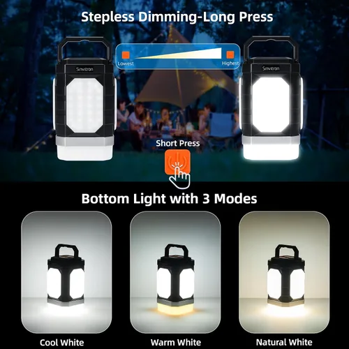 Vista 4 de Sinvitron Linterna de campamento recargable: 30,000 mAh luces de campamento portátiles, carga rápida QC3.0, 1000 lúmenes, tiempo de funcionamiento