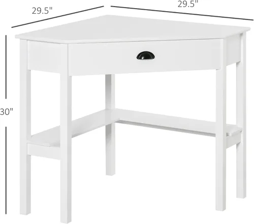 Vista 3 de HOMCOM Escritorio esquinero, escritorio triangular para computadora con cajón y estantes de almacenamiento para espacios pequeños, estación