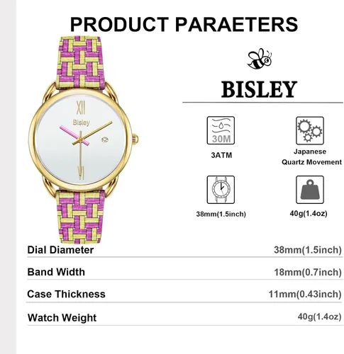 Vista 2 de Bisley Relojes de pulsera para mujer, correa de cuero, reloj analógico impermeable para mujer