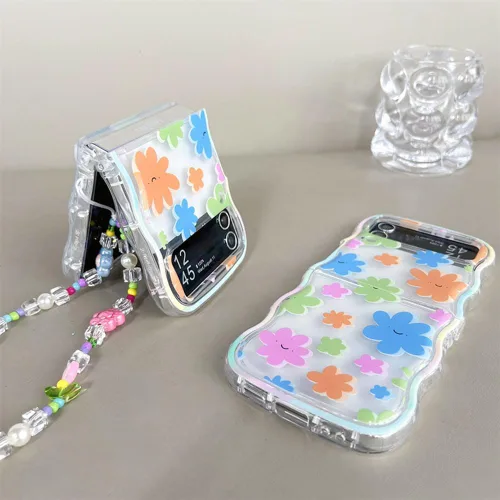 Vista 2 de Funda femenina para Samsung Galaxy Z Flip 4 con estampado de flores rosas y correa de cuentas, diseño de flores y marco rizado Kawaii para Z Flip 4