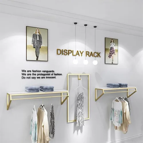 Vista 3 de Modern Simple - Estante de exhibición de metal resistente para hombres y mujeres, perchero de pared con madera, riel para ropa, toallero para colgar