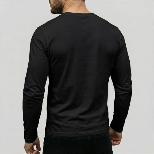Vista 3 de Camiseta muscular para hombre, cuello redondo, manga larga, suave, elástica, básica, casual