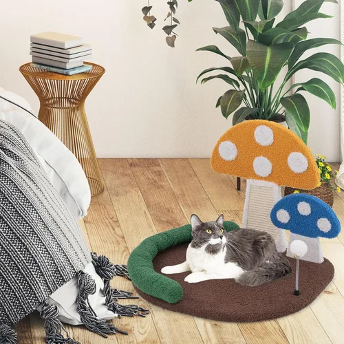 Vista 3 de Tangkula Cama para Gatos en Forma de Seta, Rascador para Gatos con Plataforma Amplia y Elevada, Panel de Rascado de Sisal, Bola de Resorte