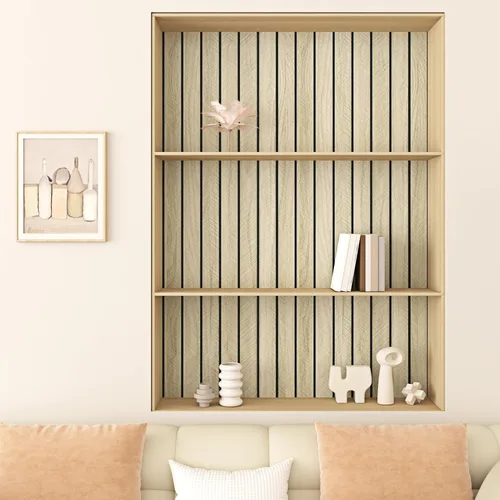 Vista 6 de Wallercity Paneles acústicos de listones de madera marrón claro para decoración elegante, reducción de ruido, paneles de grano de madera con textura