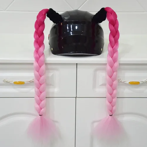 Vista 4 de 2 piezas de casco de coleta para motocicleta, cola de caballo, casco de bicicleta, trenzas de pelo para cualquier casco, decoración, copa