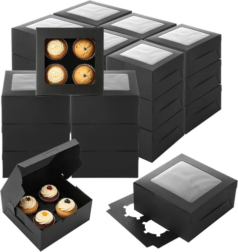 Vista 9 de 100 cajas para magdalenas, 4 recipientes para cupcakes, cajas de papel kraft marrón para cupcakes, cajas de golosinas con inserto, 4 cavidades