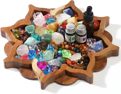 Vista 7 de Vesici Bandeja de cristal de loto para piedras, cristales y piedras curativas, bandeja de almacenamiento de cristal de madera con forma de loto