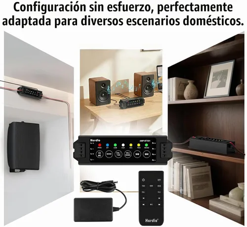 Vista 7 de Herdio Amplificador Bluetooth de 4 canales, adaptador 19V3A para aplicación y control remoto con memoria de apagado, Bluetooth 5.0/USB/MIC/AUX/TWS