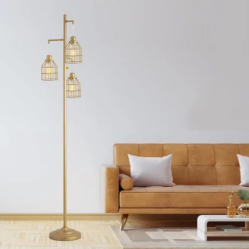 Vista 5 de 9MMML Lámpara de pie dorada regulable, lámpara de pie alta industrial dorada para sala de estar, dormitorio, oficina, pantalla de 3 jaulas