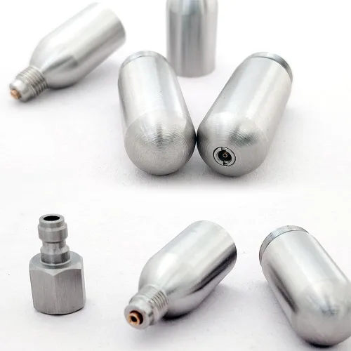 Vista 3 de Cartucho de CO2 recargable de acero inoxidable reutilizable con enchufe macho de 0.315 in y rosca UNF de 3/8"-24UNF para Airsoft, inflado